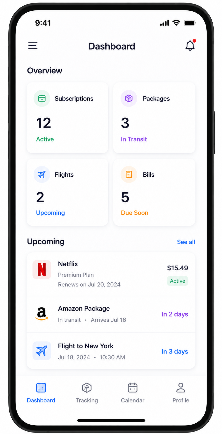 Trakit Dashboard screen showing active subscriptions, packages, flights, and bills