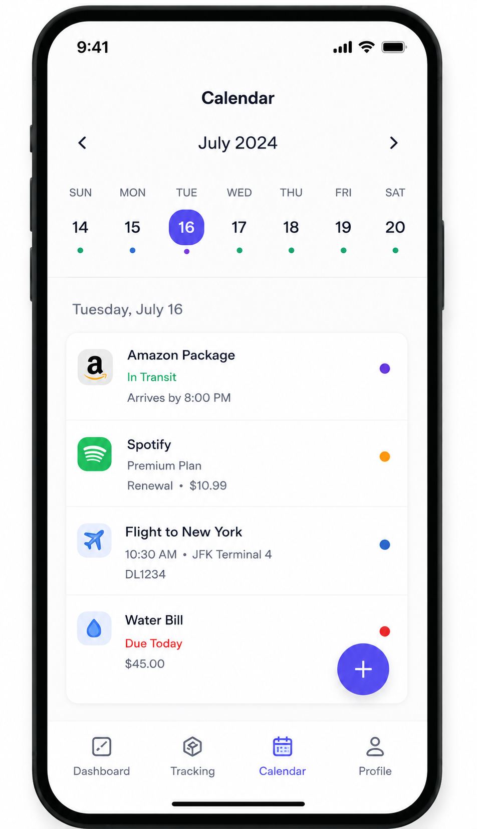 Trakit Calendar screen showing daily schedule of renewals, flights, and bills