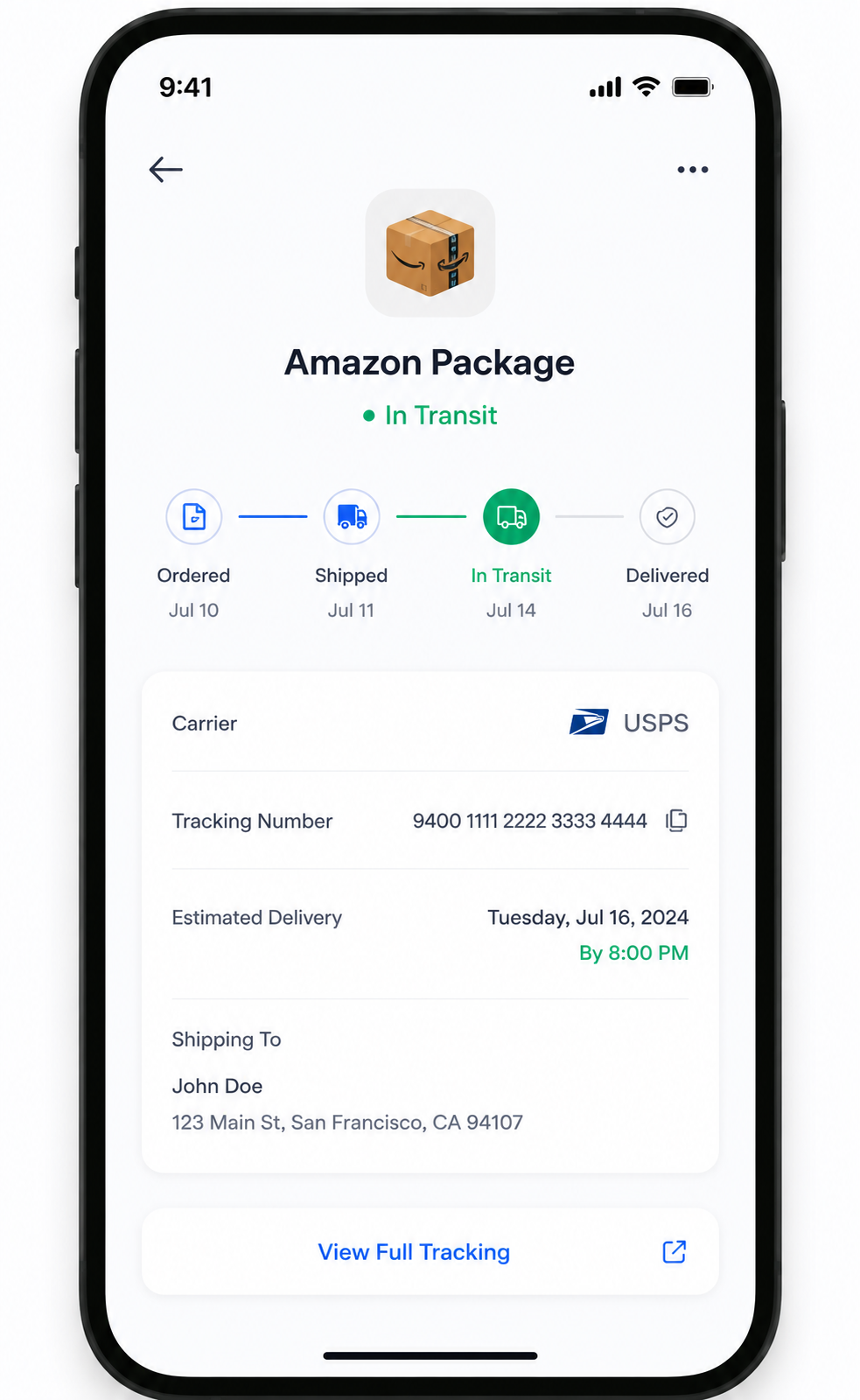 Trakit Package Tracking screen with carrier details and shipping timeline
